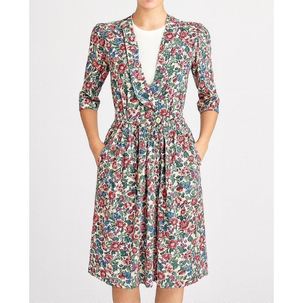 Vintage RJ‎ Stevens Floral Midi Dress Bib Pockets 80s 90s Cottagecore Small